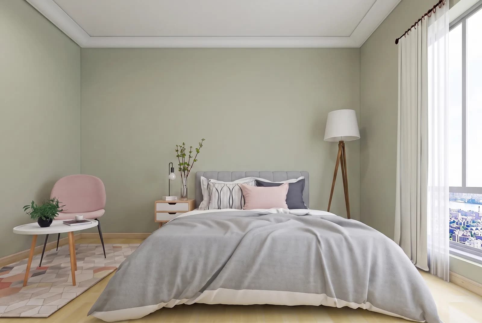 Bedroom walls rendered in Sherwin-Williams Clary Sage SW 6178, white trim and wood floor unchanged