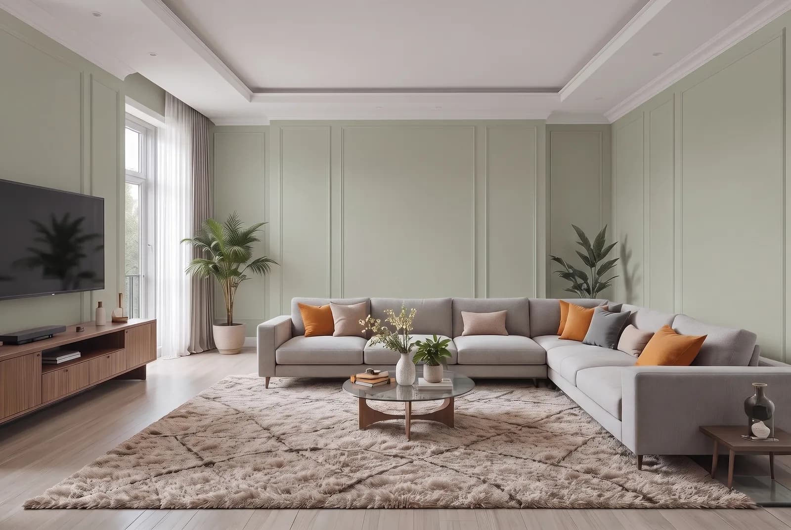 Living room walls rendered in Sherwin-Williams Clary Sage SW 6178, white trim, ceiling and wood floor unchanged