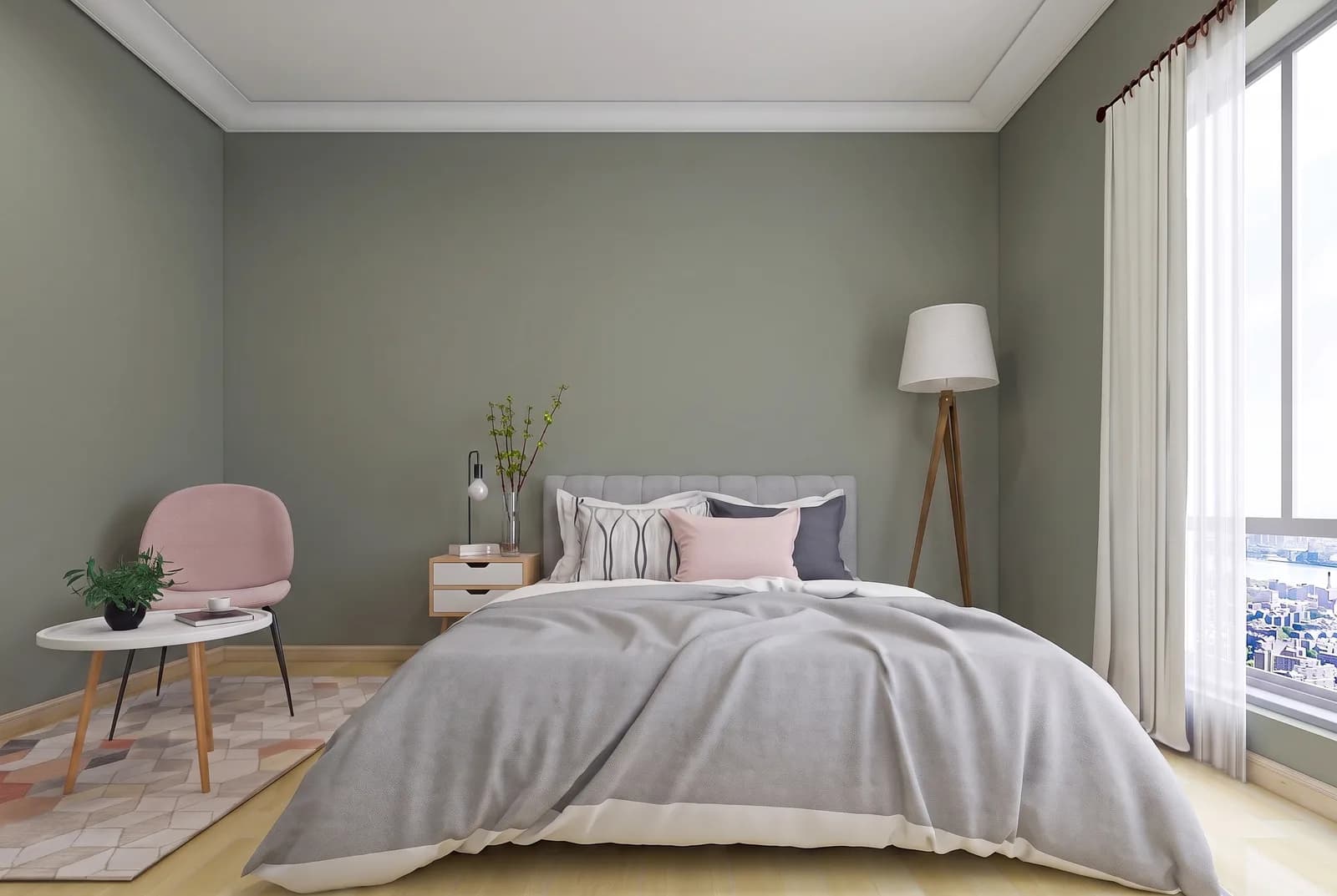 Bedroom walls rendered in Sherwin-Williams Dried Thyme SW 6186, white trim and wood floor unchanged