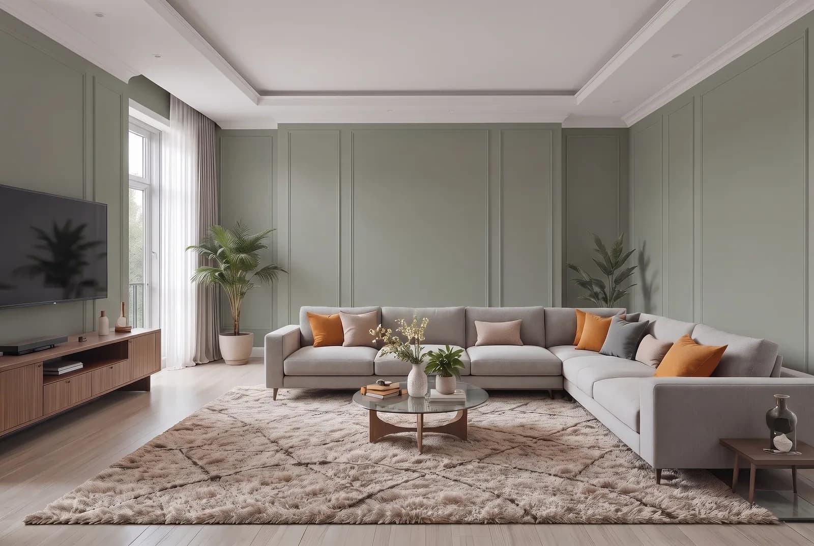 Living room walls rendered in Sherwin-Williams Dried Thyme SW 6186, white trim, ceiling and wood floor unchanged