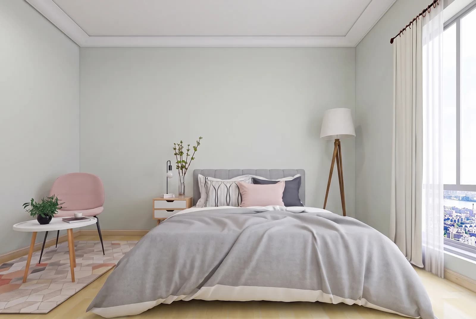 Bedroom walls rendered in Sherwin-Williams Sea Salt SW 6204, white trim and wood floor unchanged