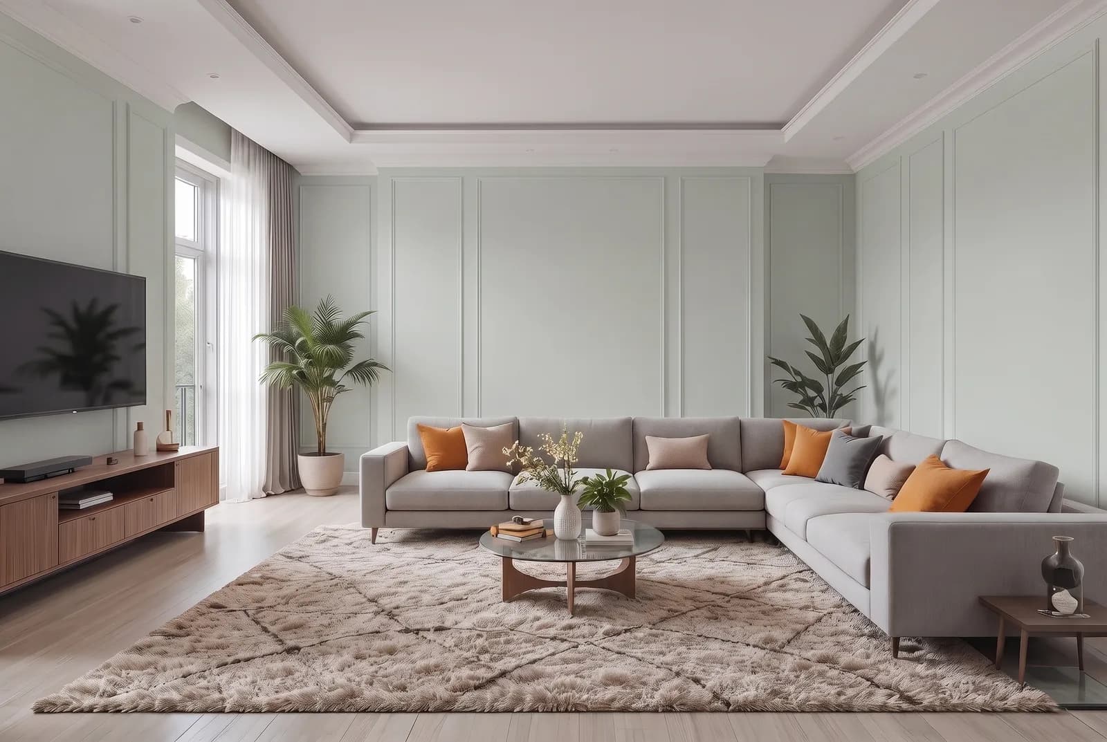 Living room walls rendered in Sherwin-Williams Sea Salt SW 6204, white trim, ceiling and wood floor unchanged