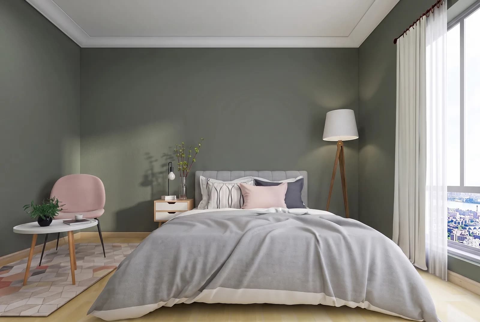 Bedroom walls rendered in Sherwin-Williams Pewter Green SW 6208, white trim and wood floor unchanged