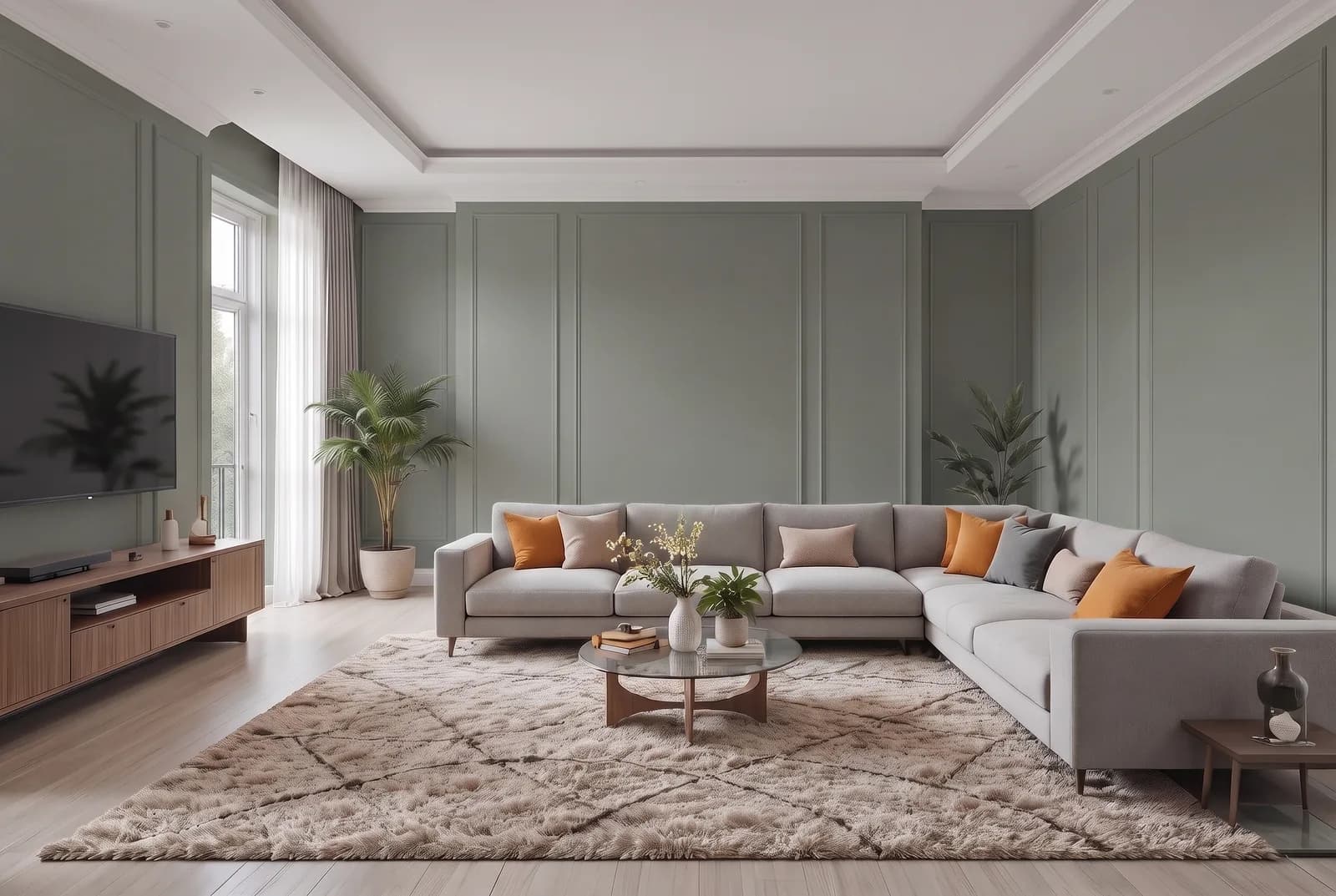 Living room walls rendered in Sherwin-Williams Pewter Green SW 6208, white trim, ceiling and wood floor unchanged