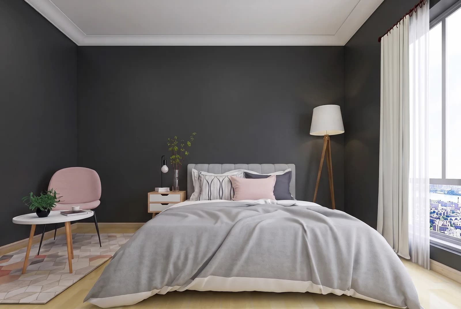 Bedroom walls rendered in Sherwin-Williams Tricorn Black SW 6258, white trim and wood floor unchanged