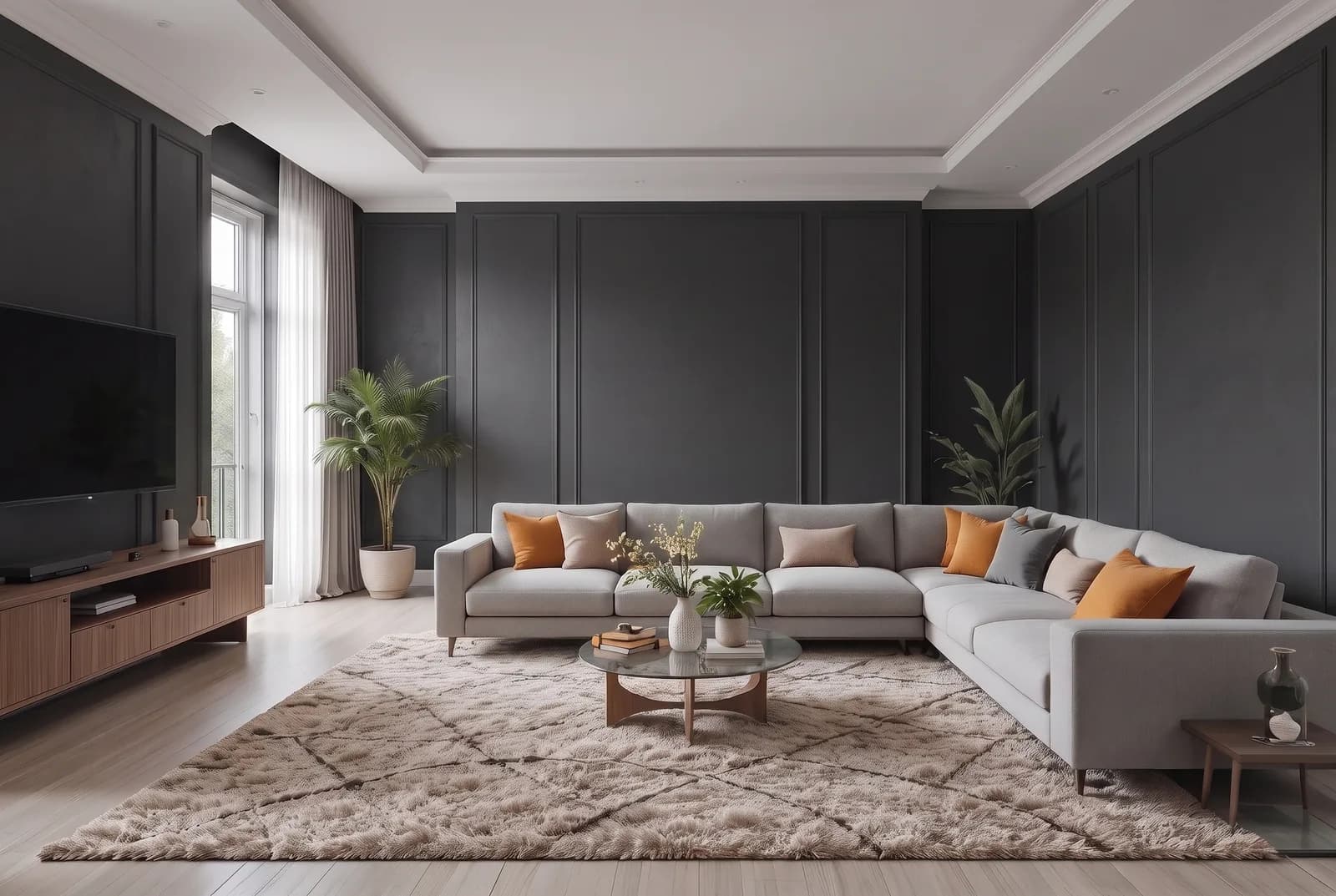 Living room walls rendered in Sherwin-Williams Tricorn Black SW 6258, white trim, ceiling and wood floor unchanged