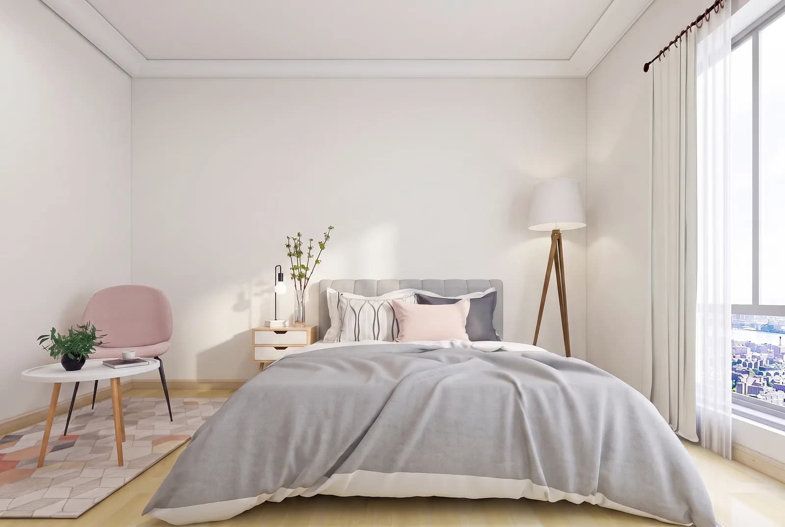 Bedroom walls rendered in Sherwin-Williams Snowbound SW 7004, white trim and wood floor unchanged
