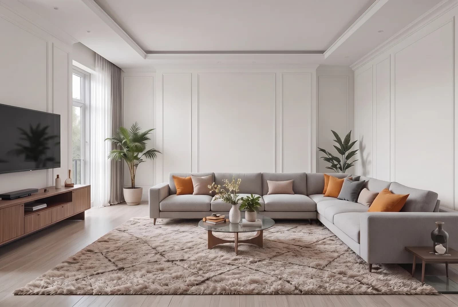 Living room walls rendered in Sherwin-Williams Snowbound SW 7004, white trim, ceiling and wood floor unchanged