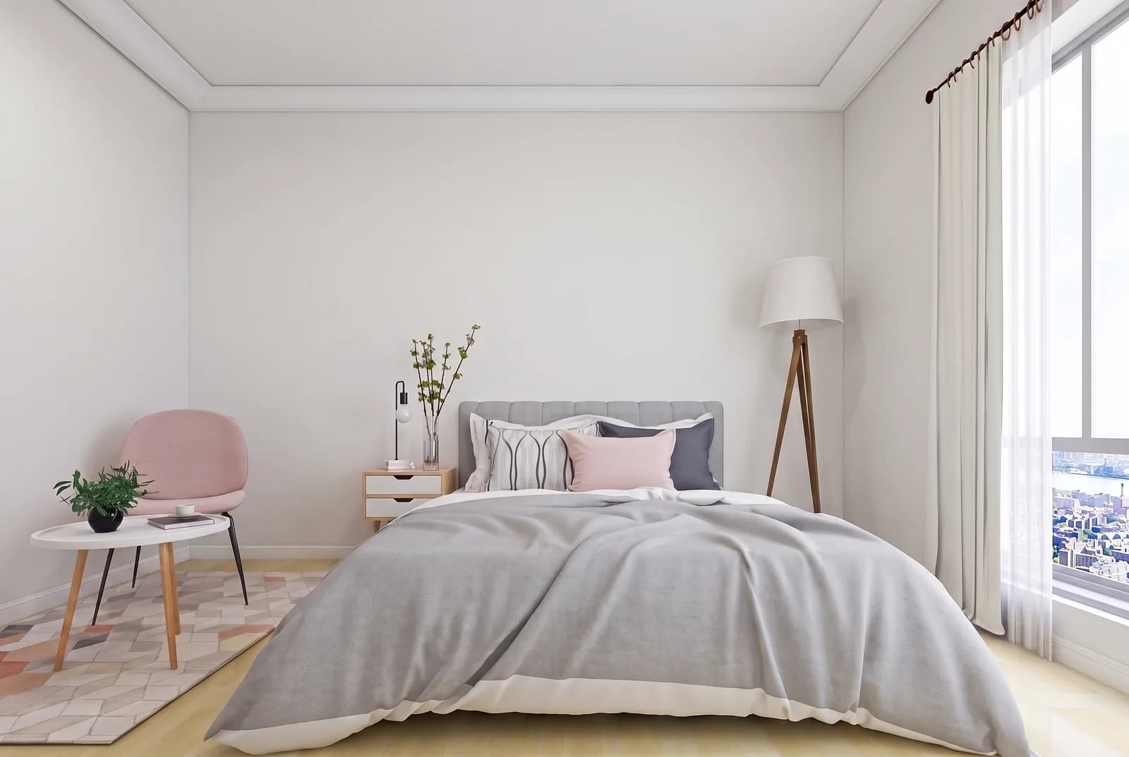 Bedroom walls rendered in Sherwin-Williams Pure White SW 7005, white trim and wood floor unchanged