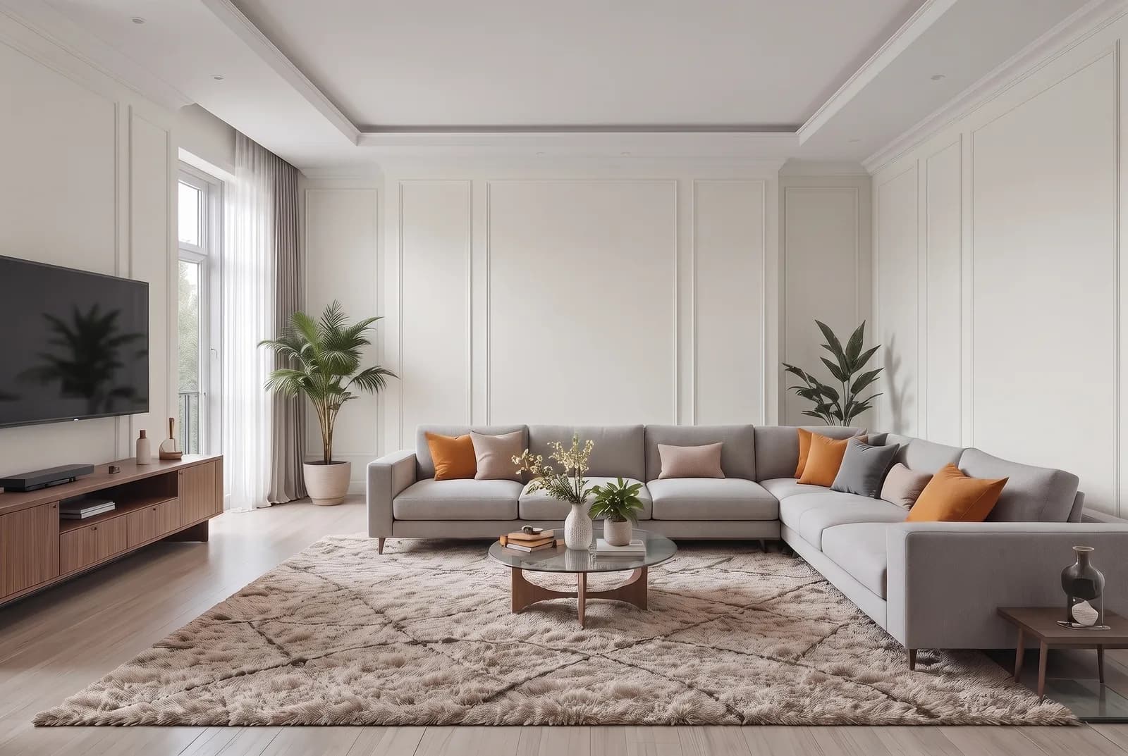 Living room walls rendered in Sherwin-Williams Pure White SW 7005, white trim, ceiling and wood floor unchanged