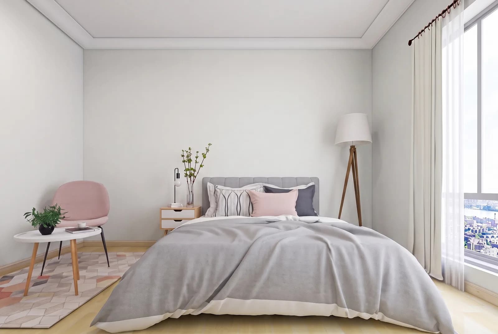 Bedroom walls rendered in Sherwin-Williams Extra White SW 7006, white trim and wood floor unchanged
