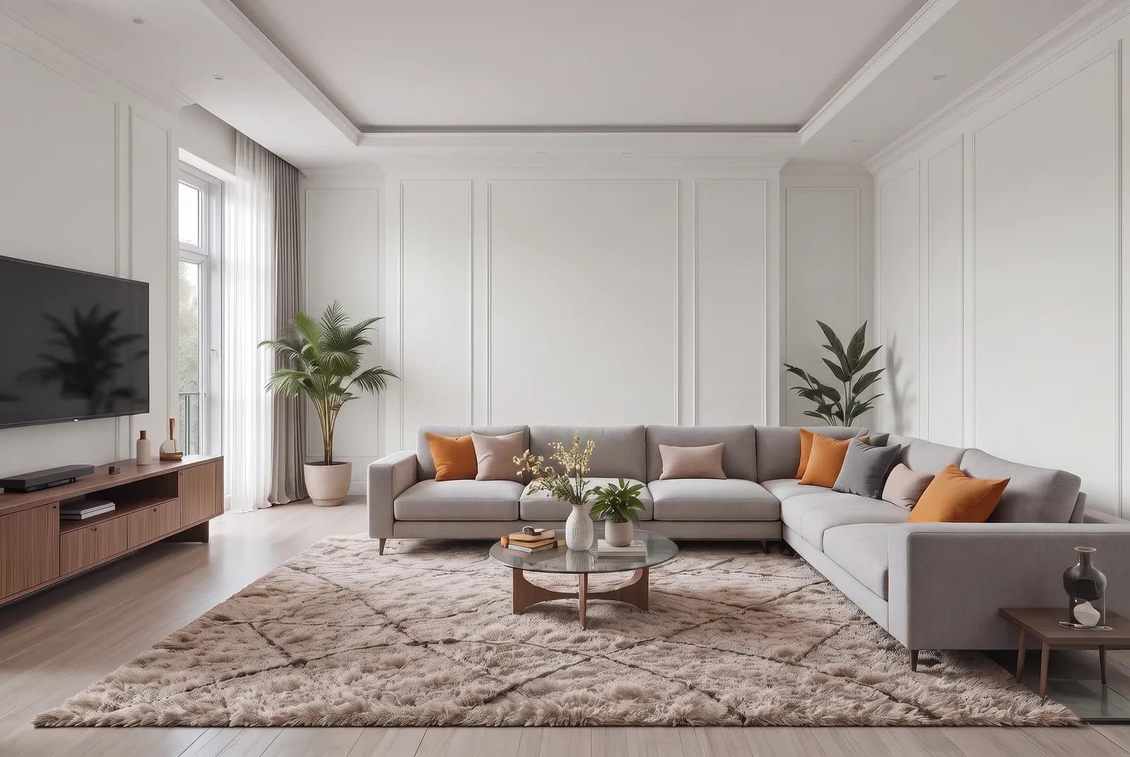 Living room walls rendered in Sherwin-Williams Extra White SW 7006, white trim, ceiling and wood floor unchanged
