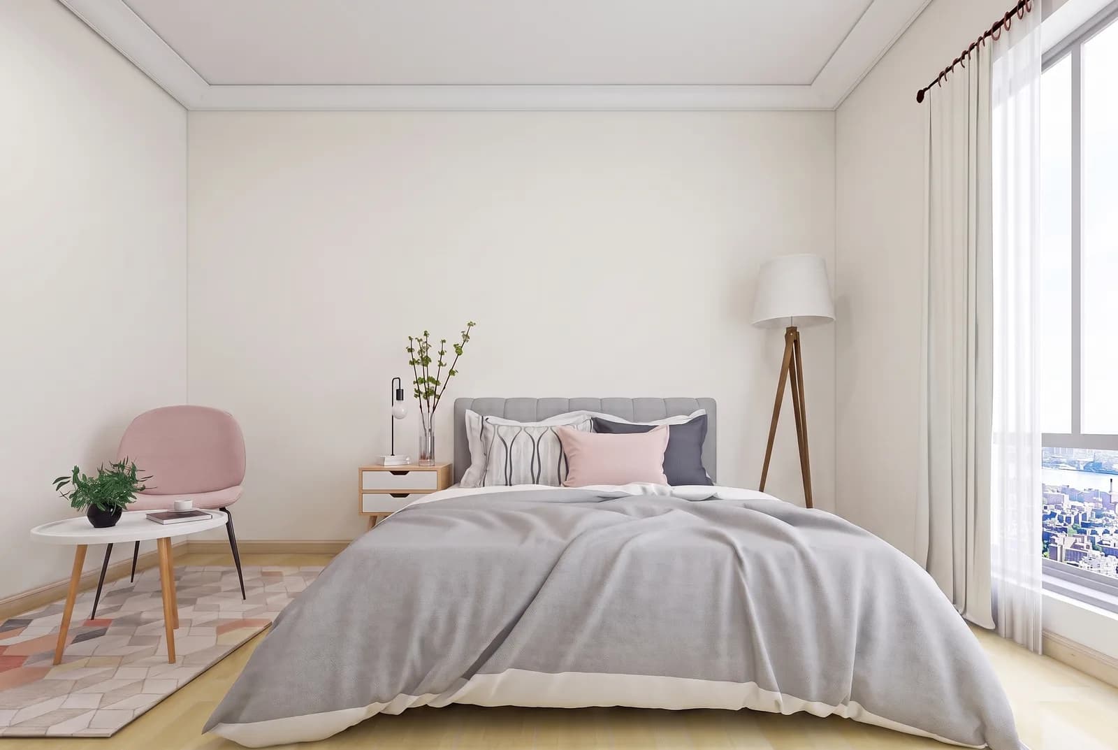 Bedroom walls rendered in Sherwin-Williams Alabaster SW 7008, white trim and wood floor unchanged