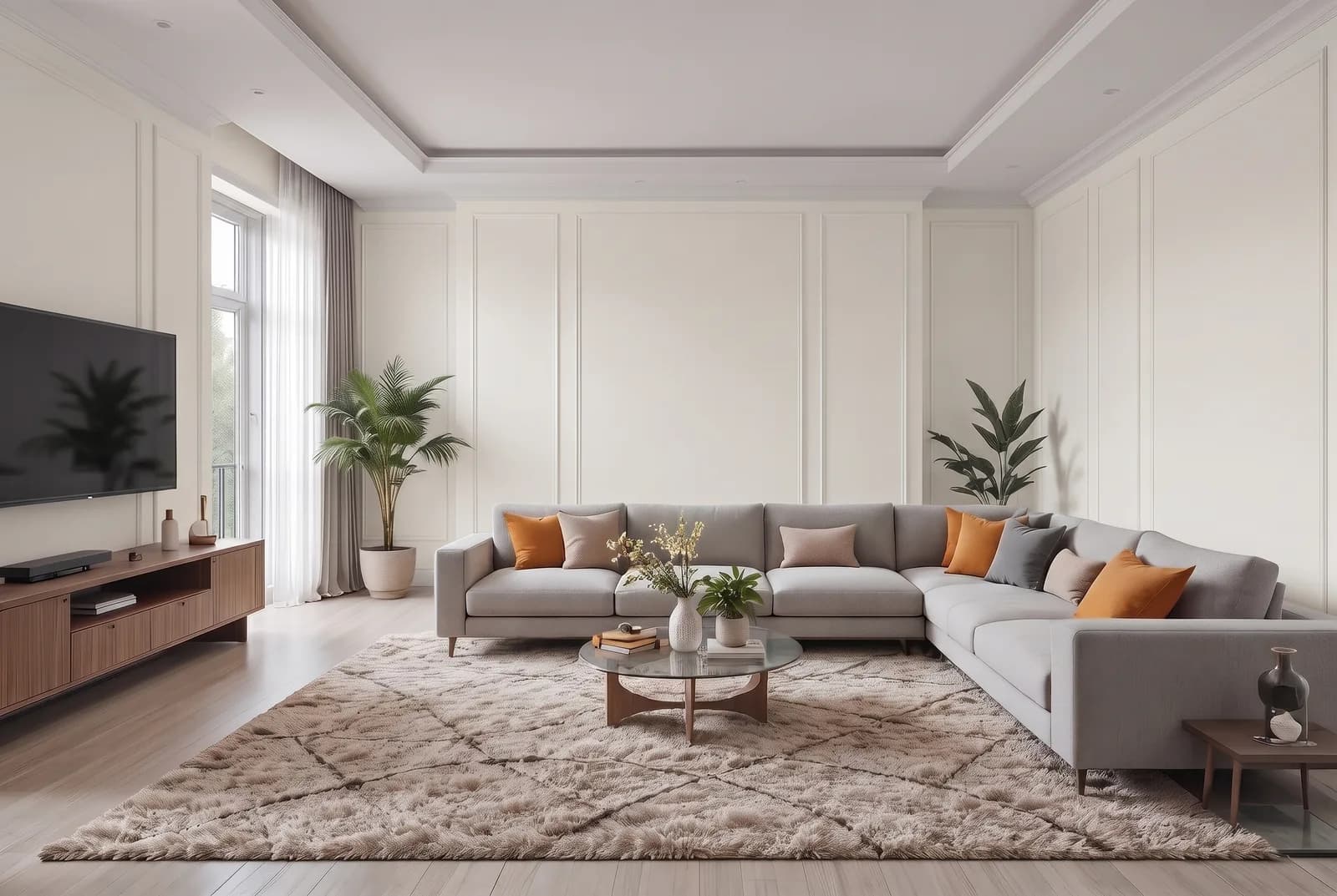 Living room walls rendered in Sherwin-Williams Alabaster SW 7008, white trim, ceiling and wood floor unchanged