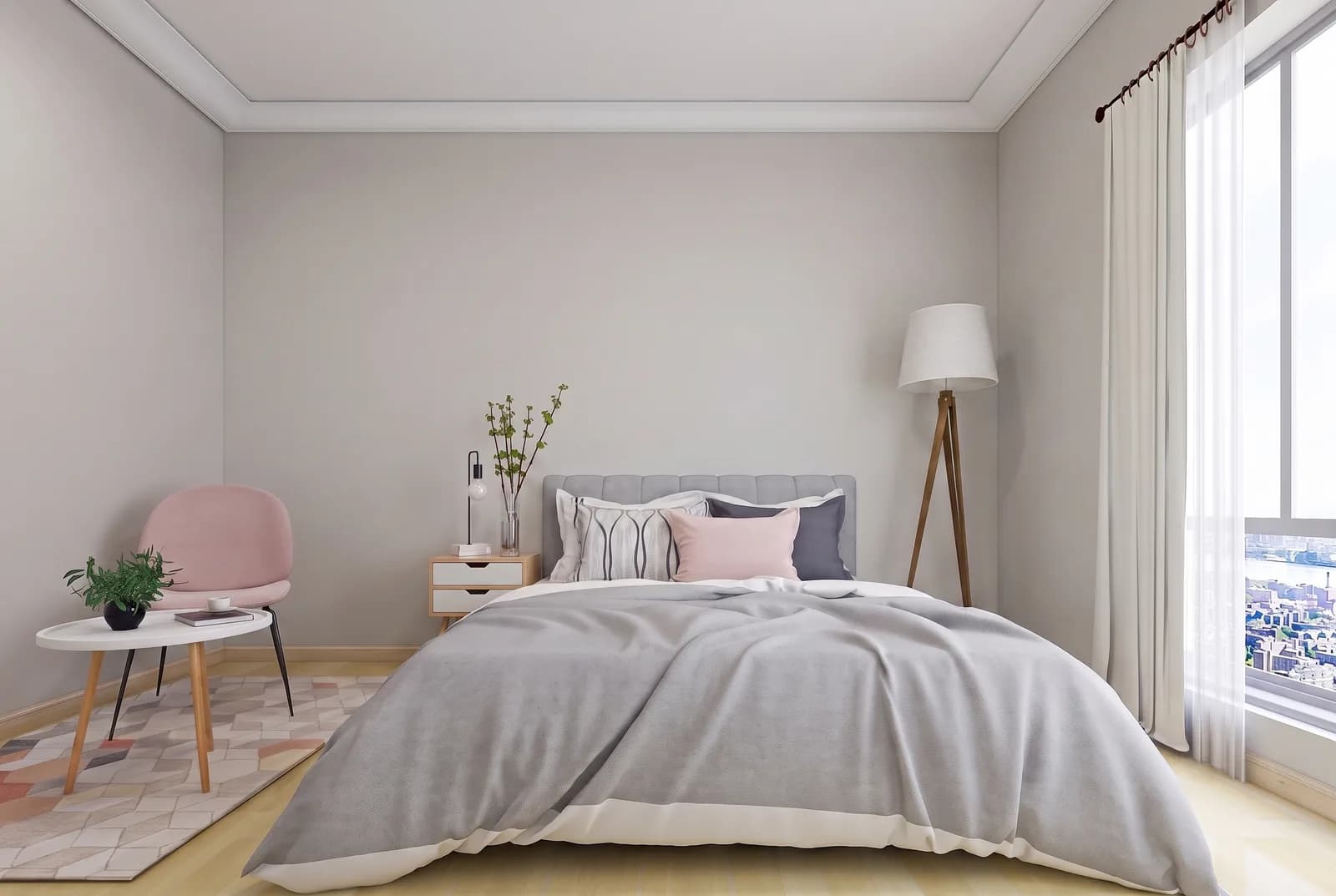 Bedroom walls rendered in Sherwin-Williams Repose Gray SW 7015, white trim and wood floor unchanged