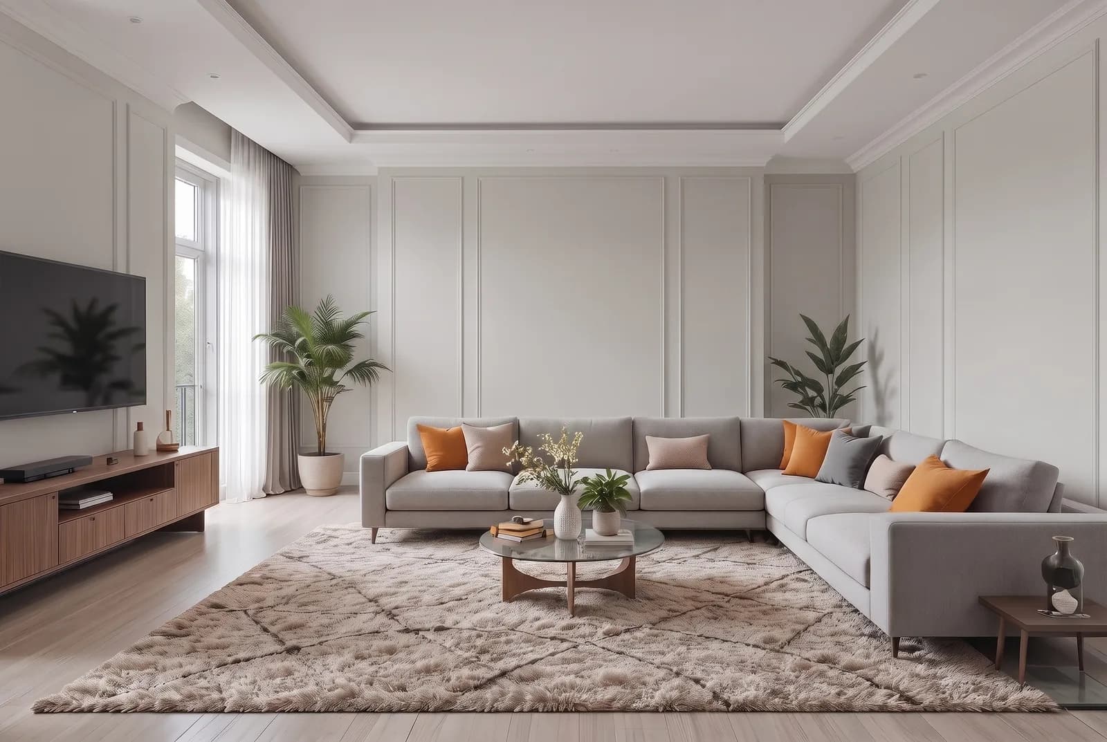 Living room walls rendered in Sherwin-Williams Repose Gray SW 7015, white trim, ceiling and wood floor unchanged