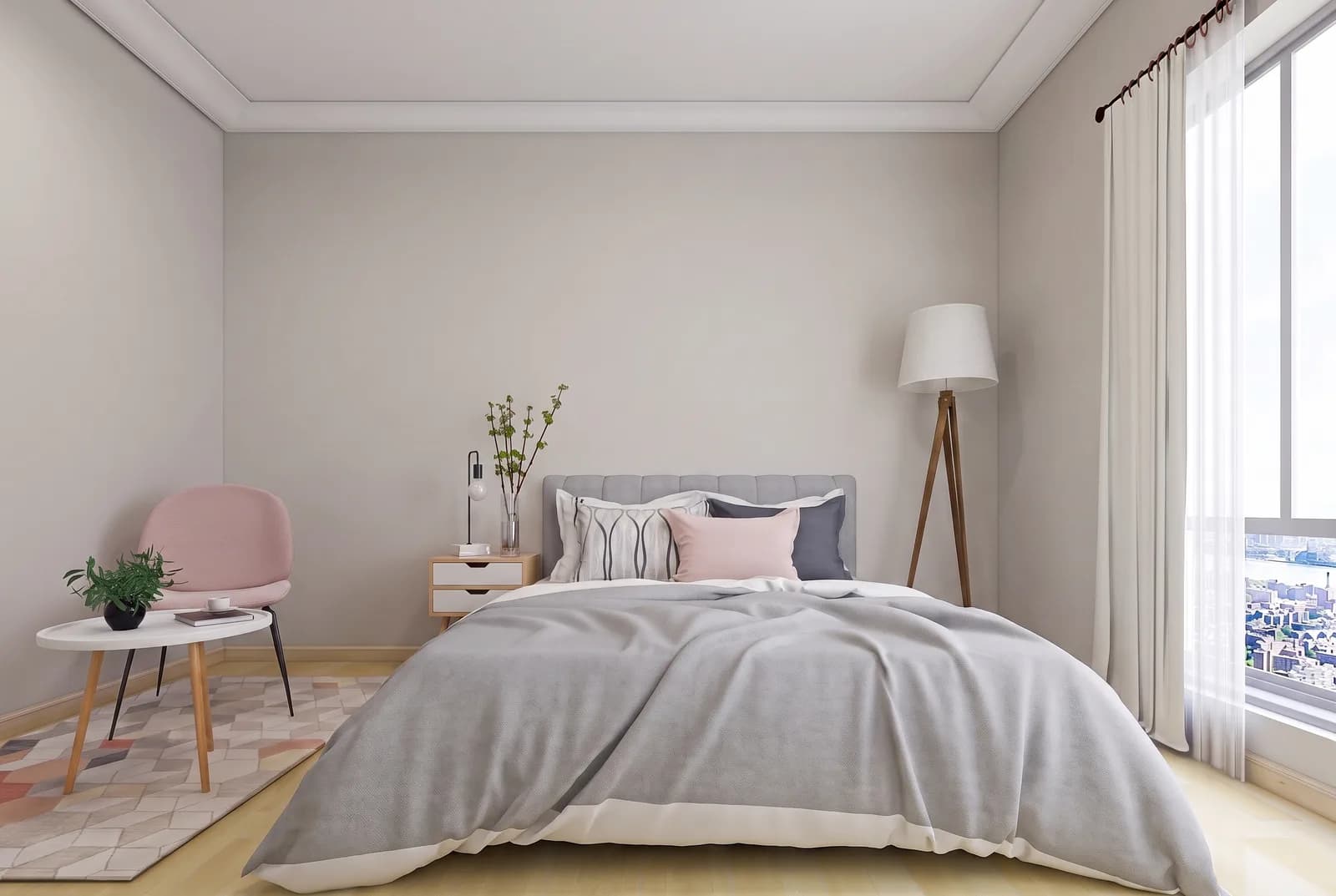 Bedroom walls rendered in Sherwin-Williams Agreeable Gray SW 7029, white trim and wood floor unchanged