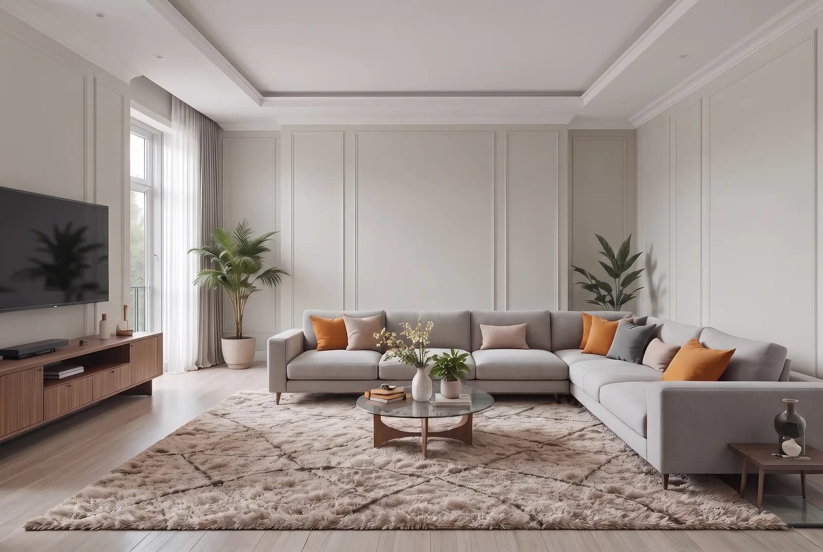 Living room walls rendered in Sherwin-Williams Agreeable Gray SW 7029, white trim, ceiling and wood floor unchanged