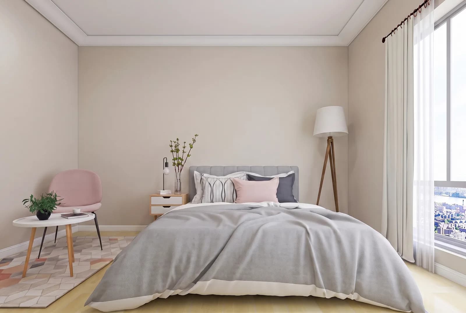Bedroom walls rendered in Sherwin-Williams Accessible Beige SW 7036, white trim and wood floor unchanged