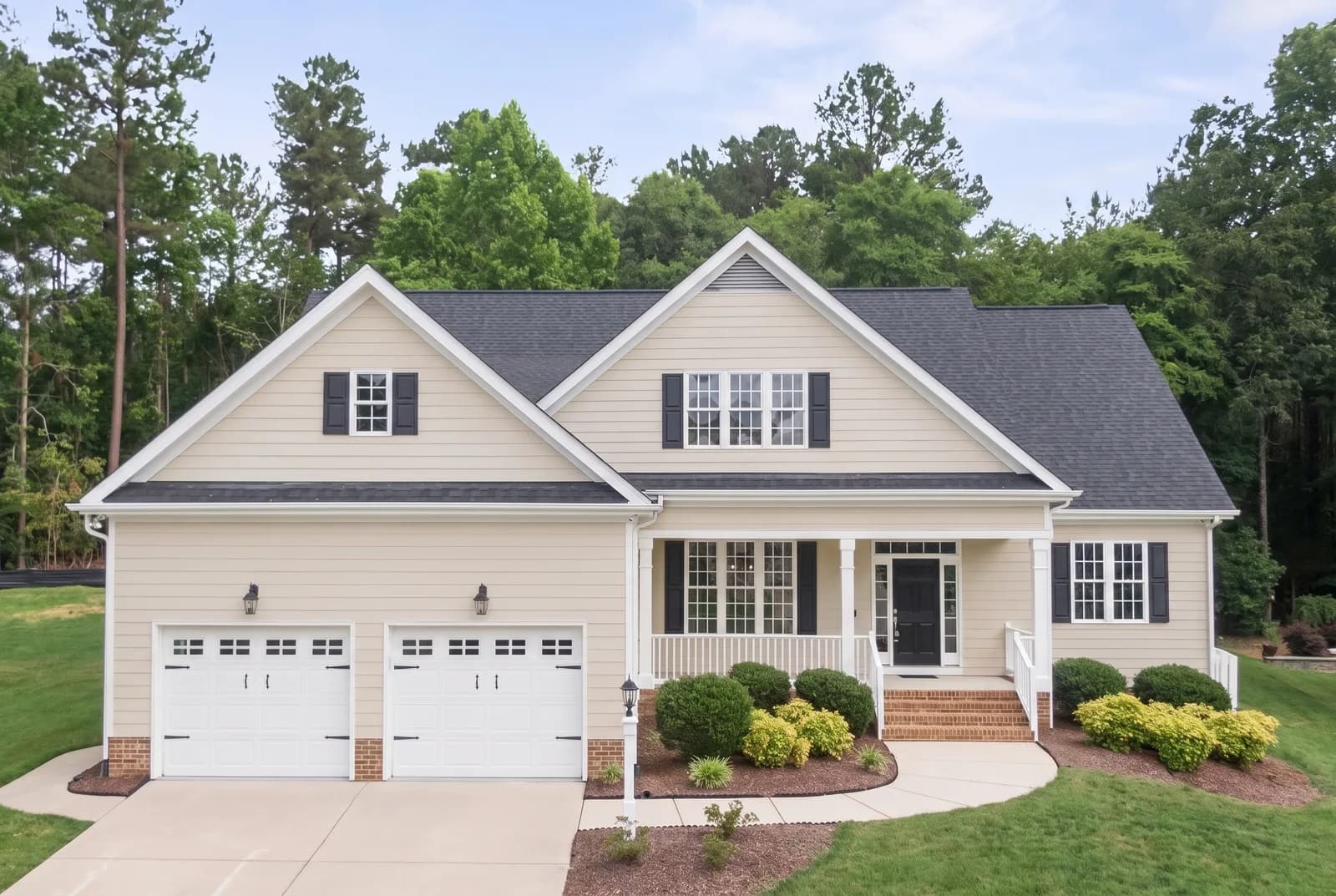 House siding rendered in Sherwin-Williams Accessible Beige SW 7036, roof, shutters and white trim unchanged