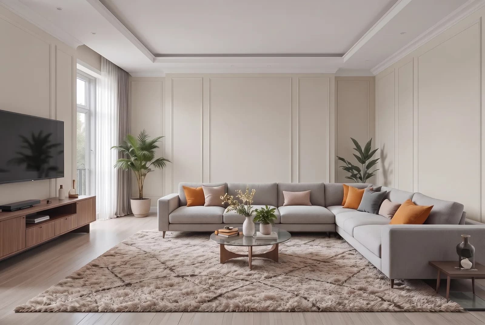 Living room walls rendered in Sherwin-Williams Accessible Beige SW 7036, white trim, ceiling and wood floor unchanged