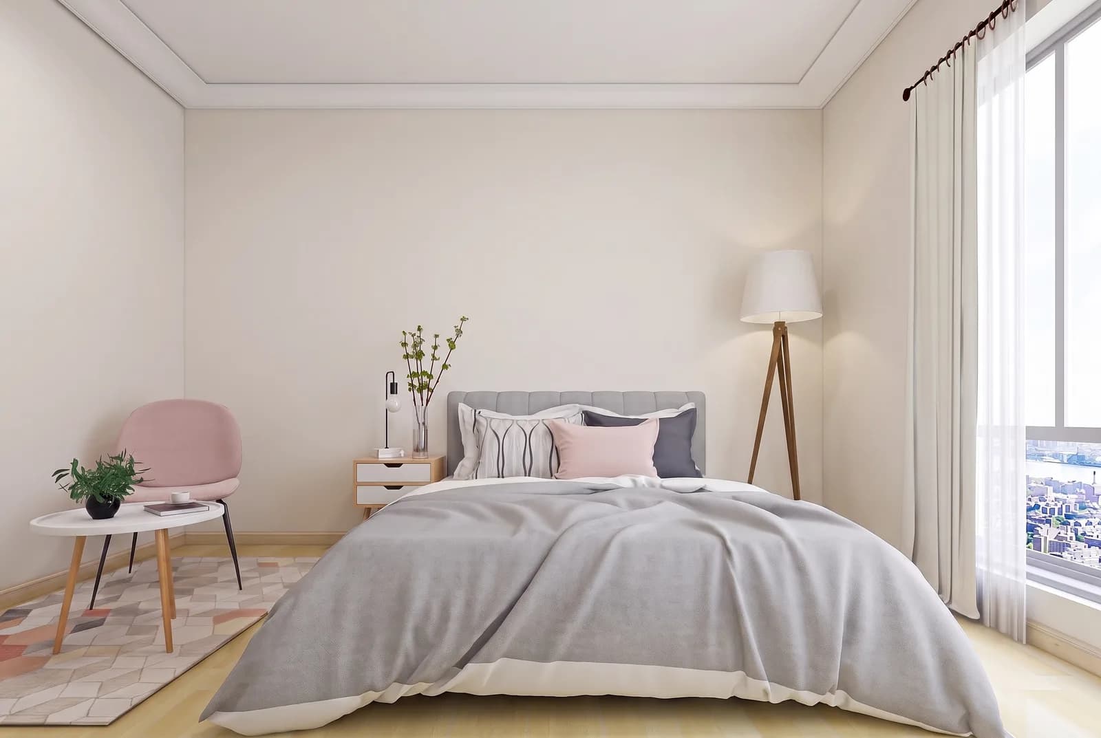 Bedroom walls rendered in Sherwin-Williams Shoji White SW 7042, white trim and wood floor unchanged