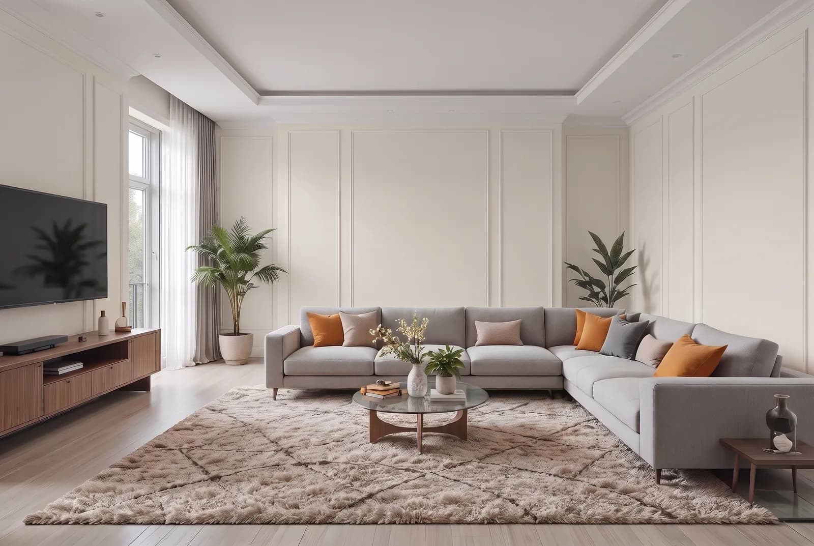 Living room walls rendered in Sherwin-Williams Shoji White SW 7042, white trim, ceiling and wood floor unchanged