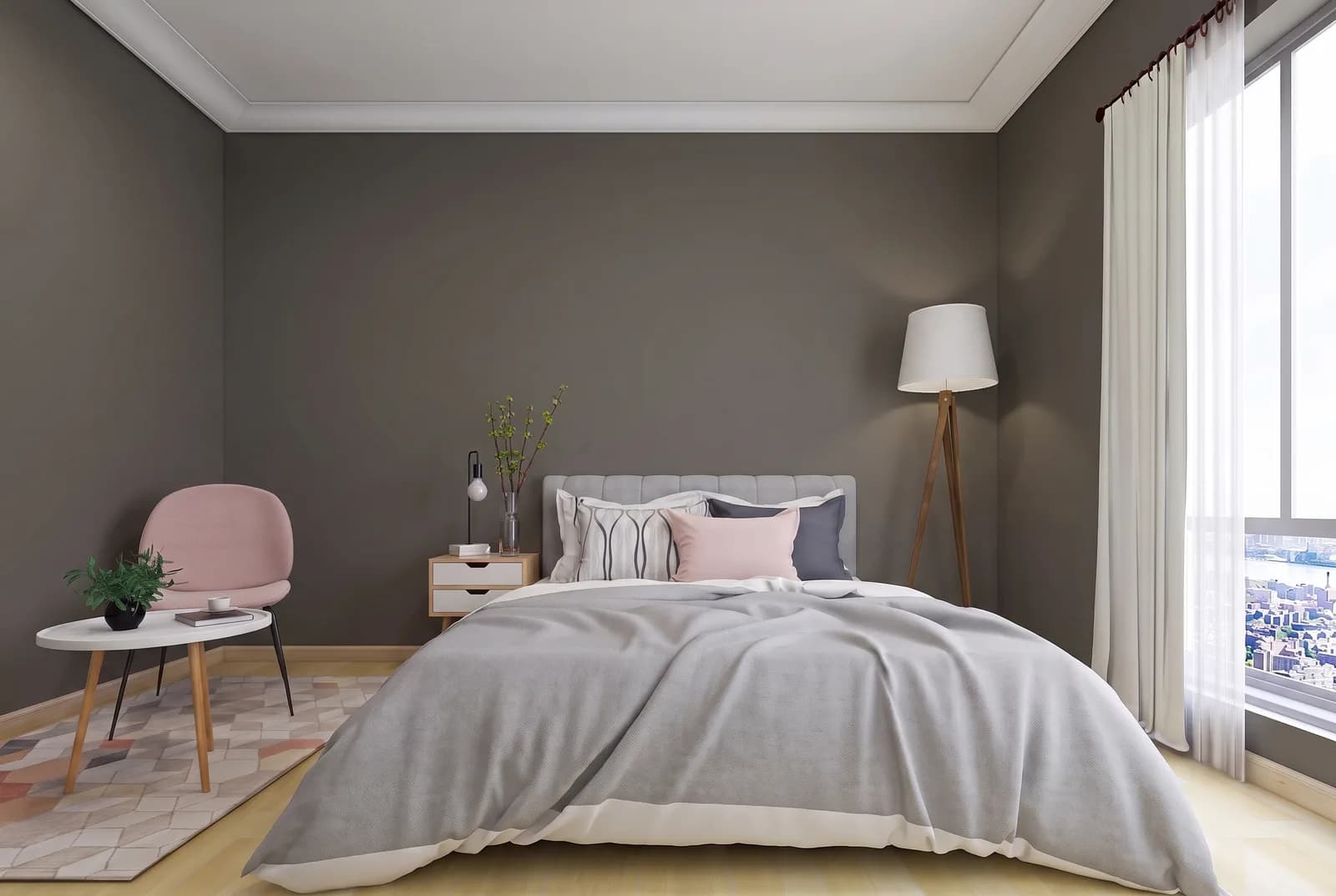 Bedroom walls rendered in Sherwin-Williams Urbane Bronze SW 7048, white trim and wood floor unchanged