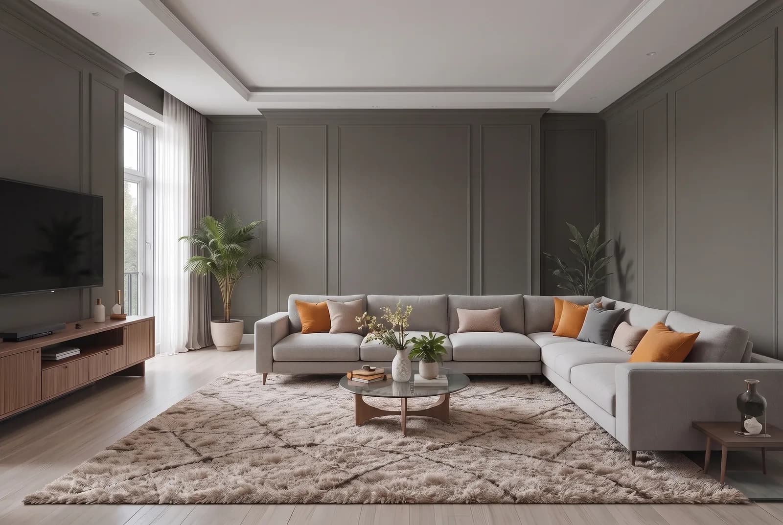 Living room walls rendered in Sherwin-Williams Urbane Bronze SW 7048, white trim, ceiling and wood floor unchanged