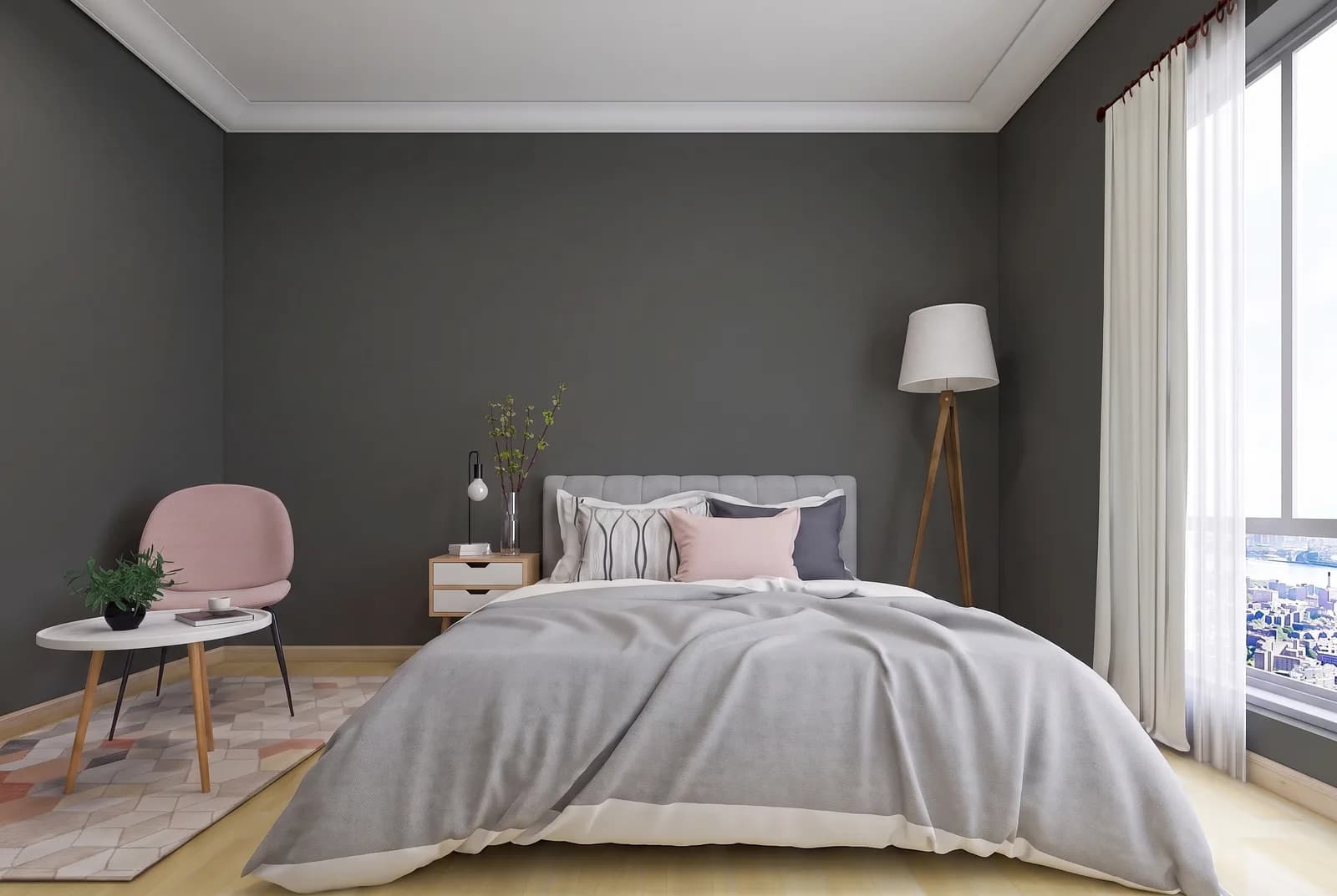 Bedroom walls rendered in Sherwin-Williams Iron Ore SW 7069, white trim and wood floor unchanged