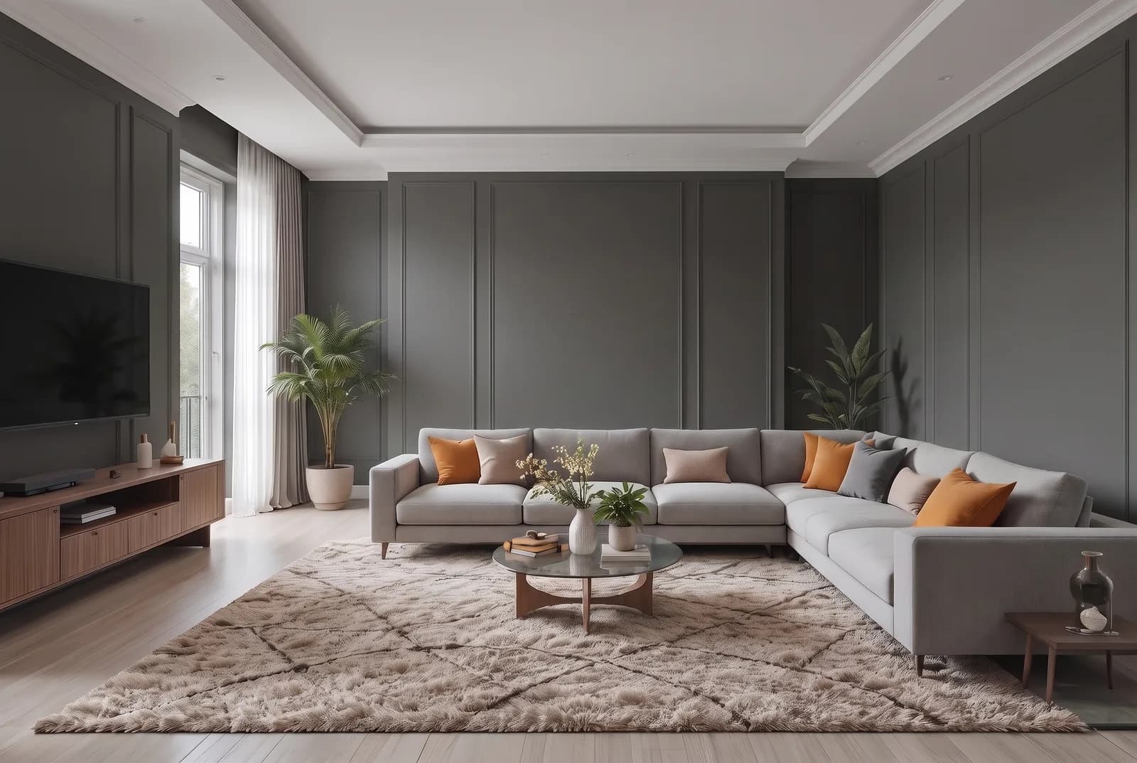 Living room walls rendered in Sherwin-Williams Iron Ore SW 7069, white trim, ceiling and wood floor unchanged