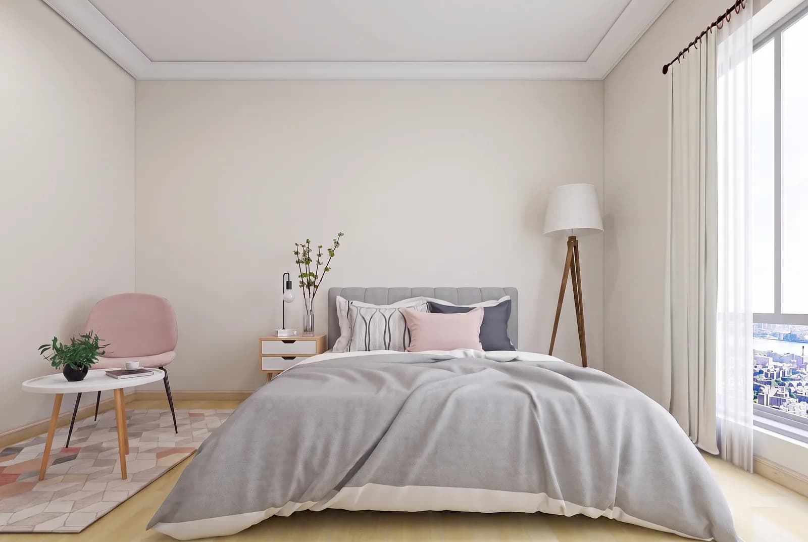 Bedroom walls rendered in Sherwin-Williams Greek Villa SW 7551, white trim and wood floor unchanged