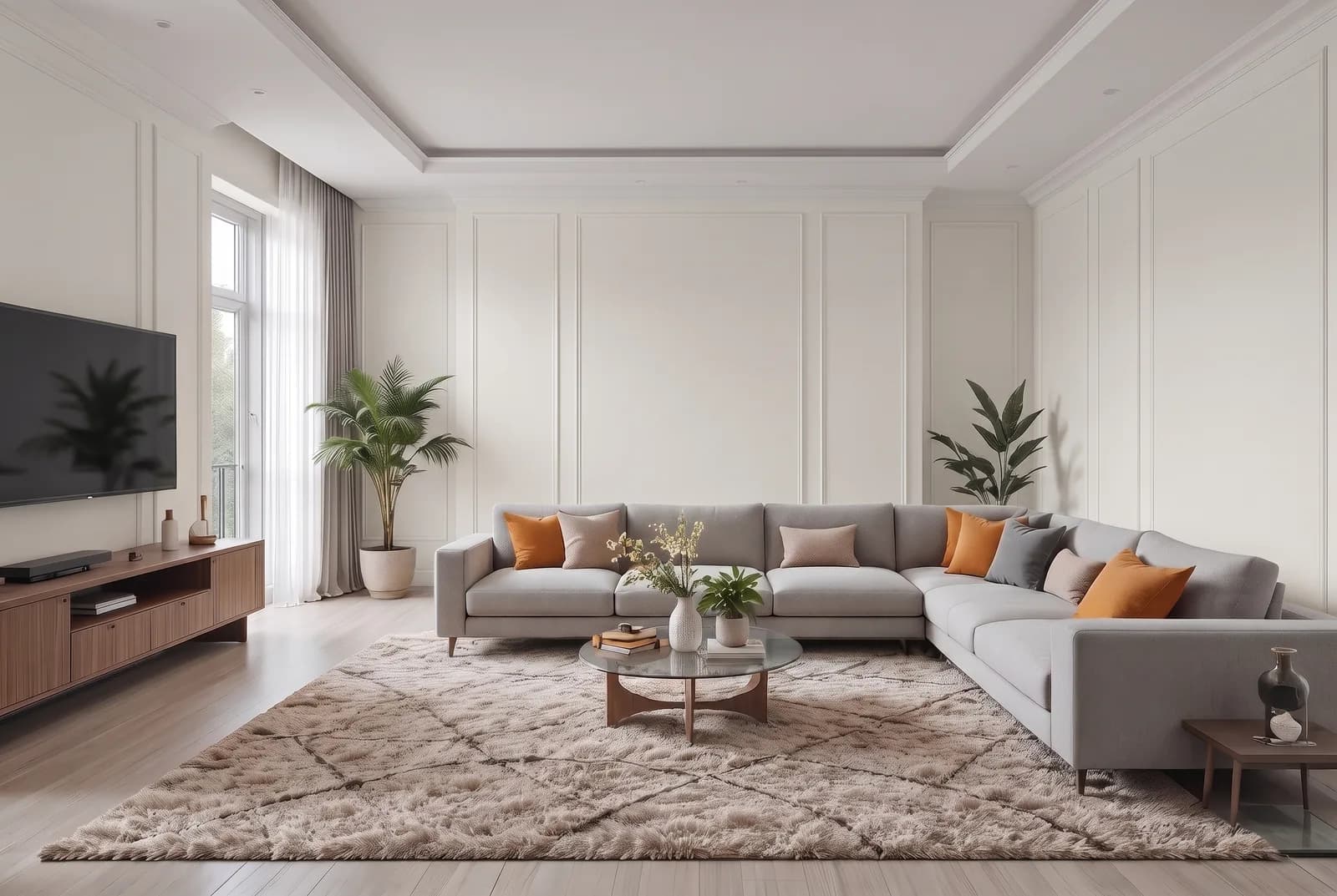 Living room walls rendered in Sherwin-Williams Greek Villa SW 7551, white trim, ceiling and wood floor unchanged