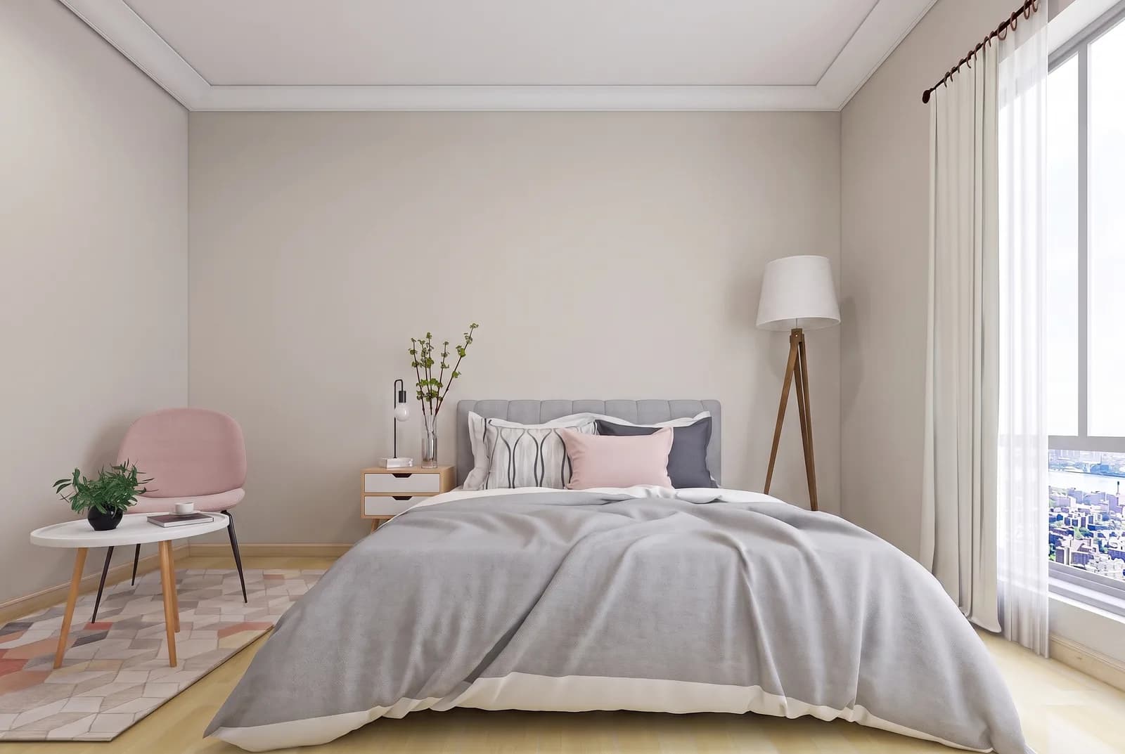 Bedroom walls rendered in Sherwin-Williams City Loft SW 7631, white trim and wood floor unchanged