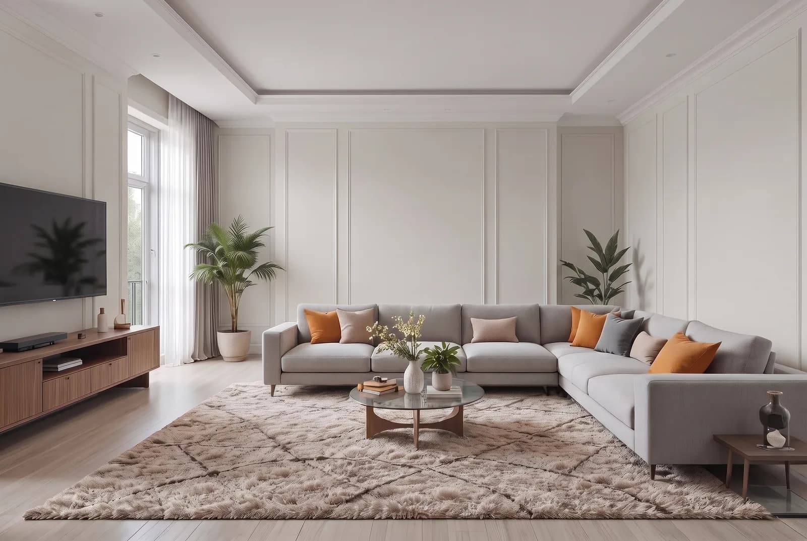 Living room walls rendered in Sherwin-Williams City Loft SW 7631, white trim, ceiling and wood floor unchanged