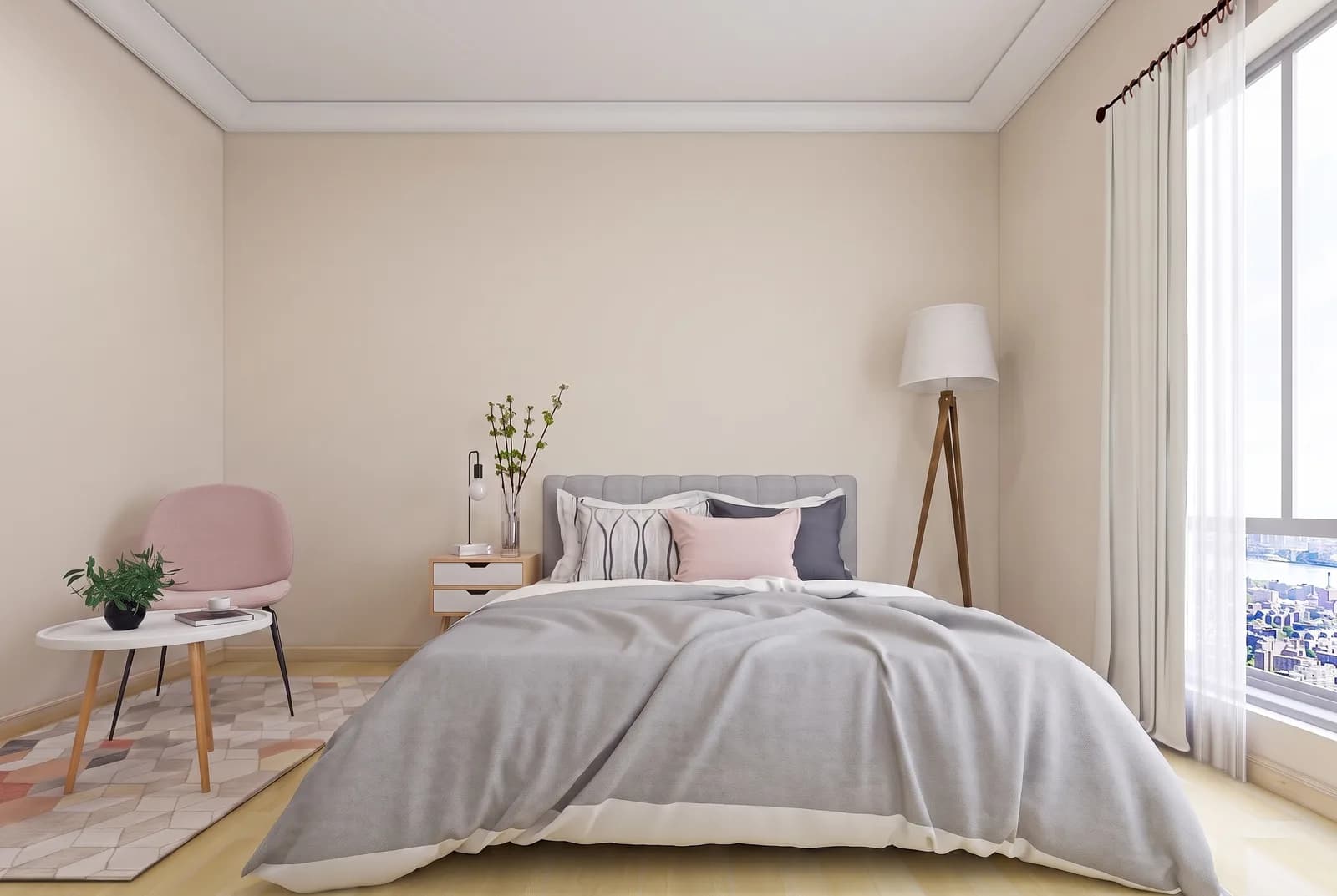 Bedroom walls rendered in Sherwin-Williams Natural Linen SW 9109, white trim and wood floor unchanged