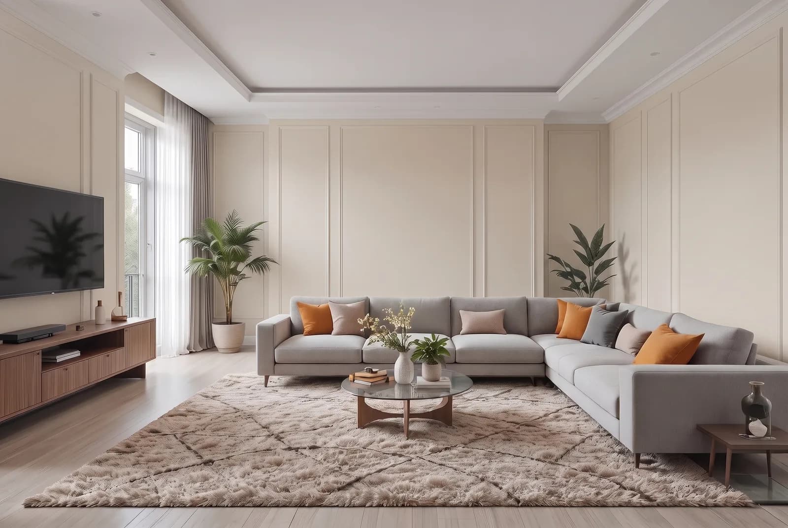 Living room walls rendered in Sherwin-Williams Natural Linen SW 9109, white trim, ceiling and wood floor unchanged