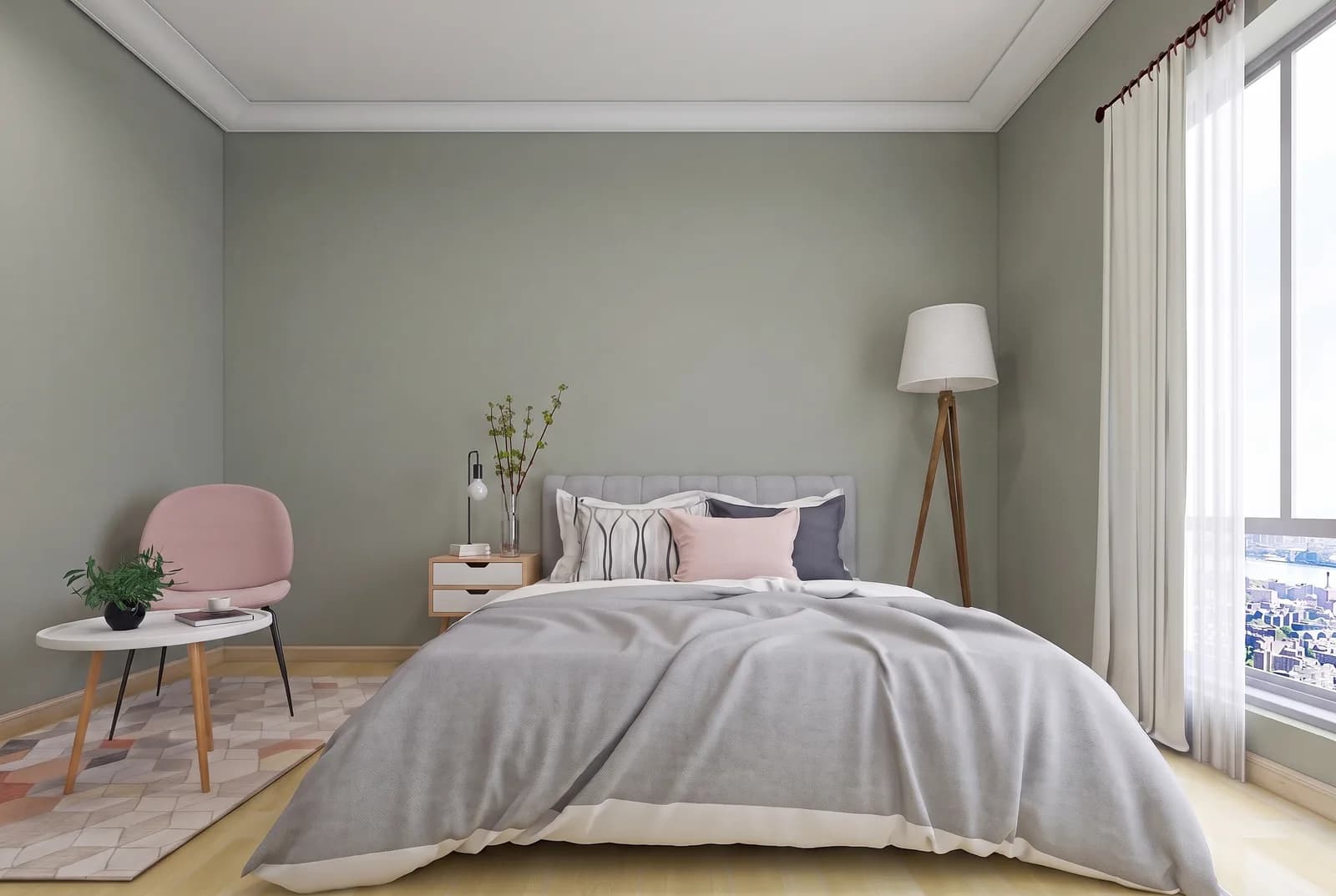 Bedroom walls rendered in Sherwin-Williams Evergreen Fog SW 9130, white trim and wood floor unchanged