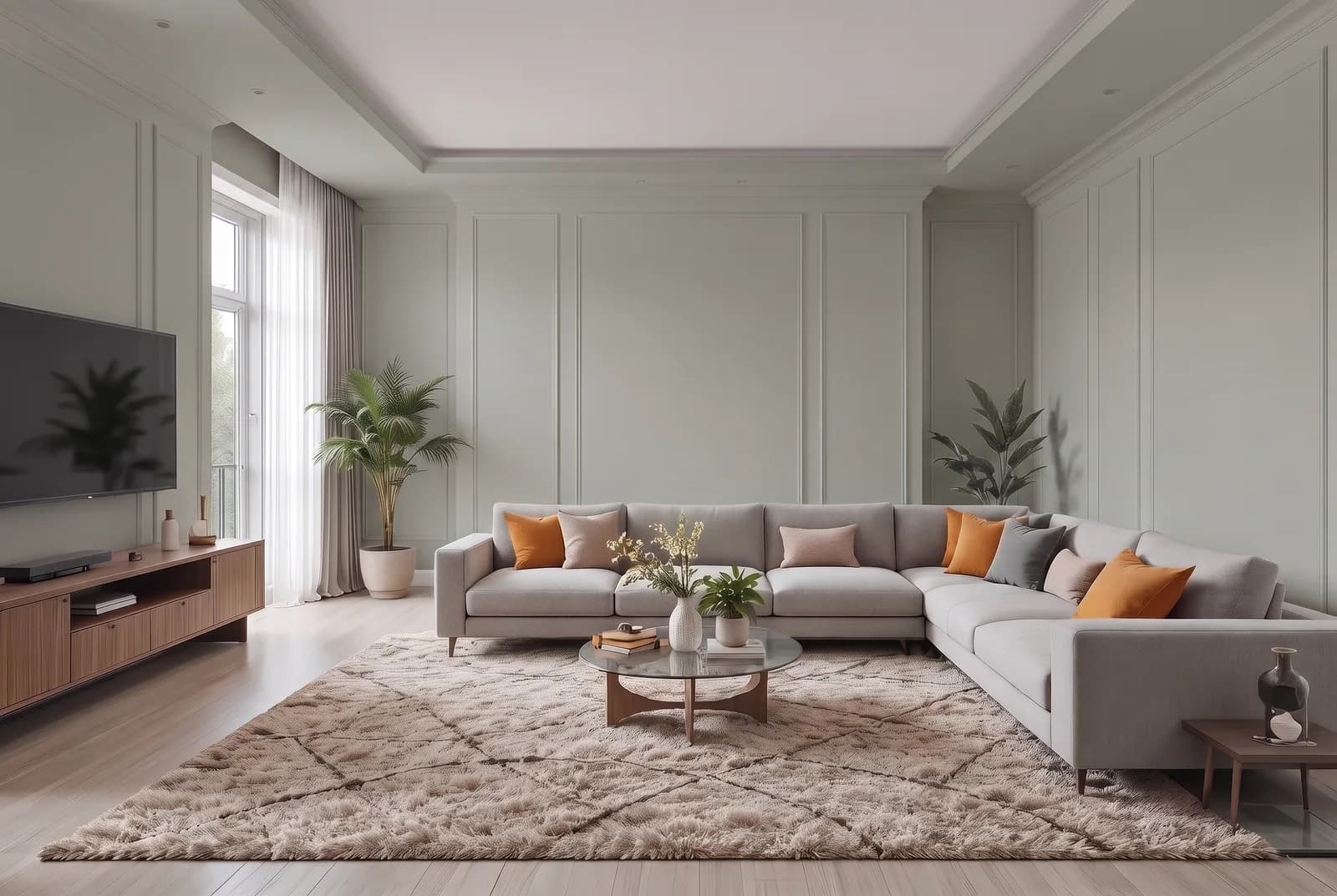 Living room walls rendered in Sherwin-Williams Evergreen Fog SW 9130, white trim, ceiling and wood floor unchanged
