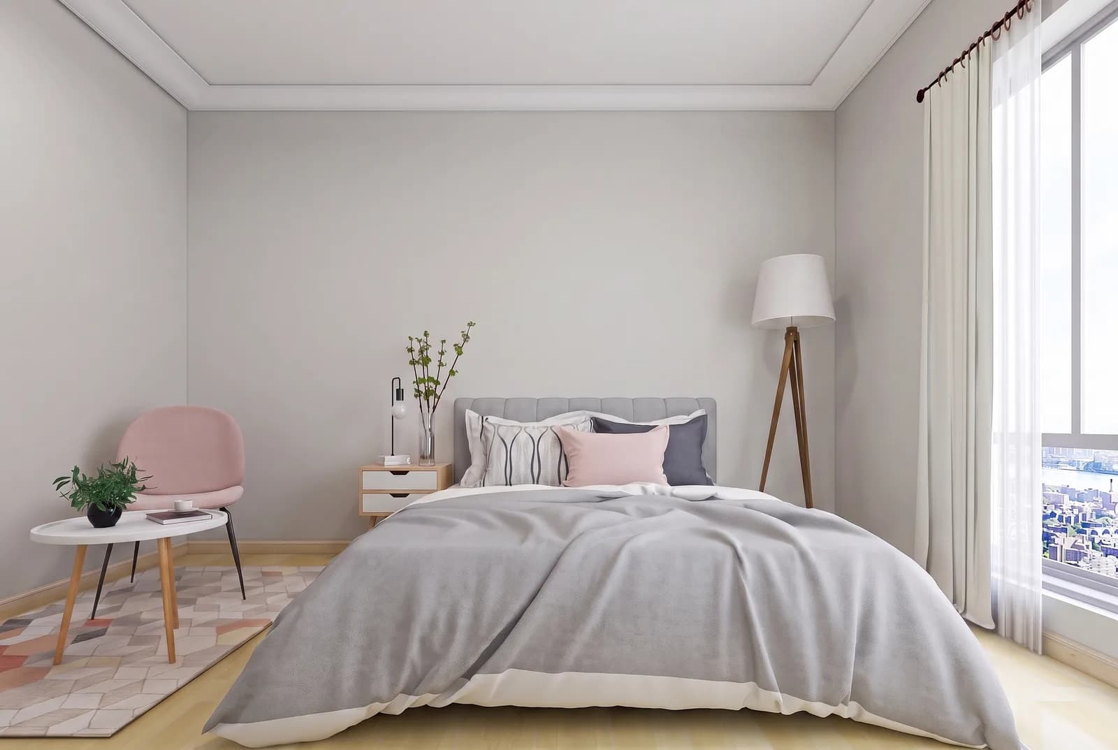 Bedroom walls rendered in Sherwin-Williams Drift of Mist SW 9166, white trim and wood floor unchanged