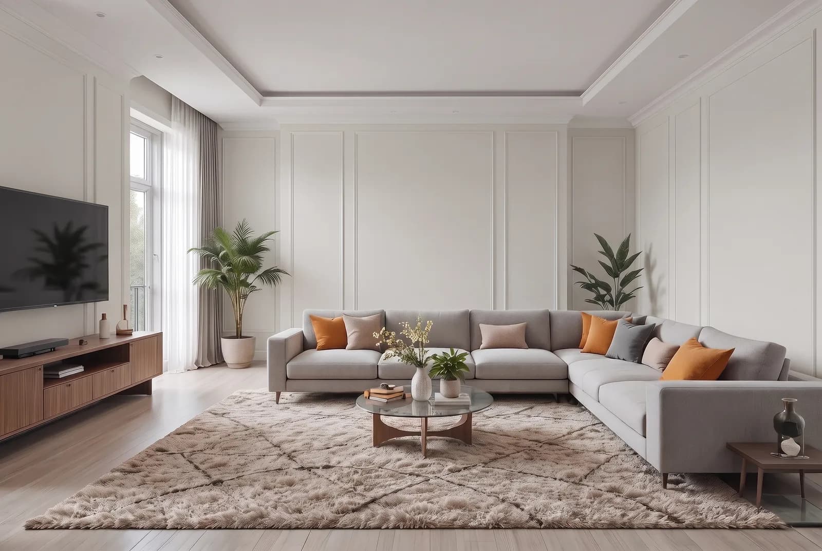 Living room walls rendered in Sherwin-Williams Drift of Mist SW 9166, white trim, ceiling and wood floor unchanged